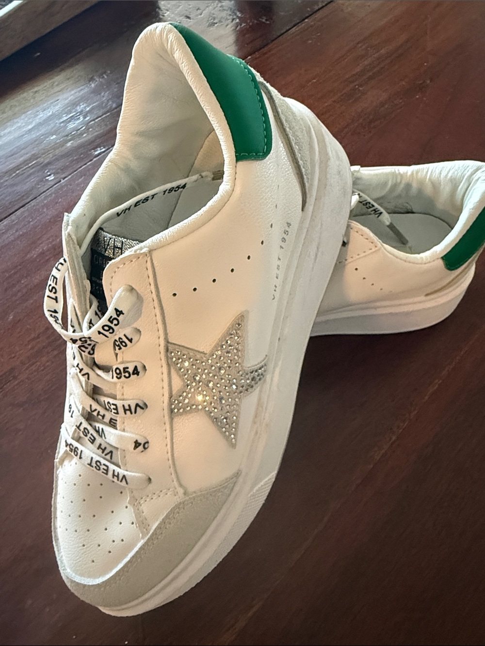 VHNY White Sneakers with Green Heel and Crystal Star